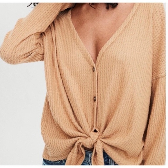 American Eagle AEO Light Brown Waffle Knit Button Down Long Sleeve XS - Picture 1 of 5